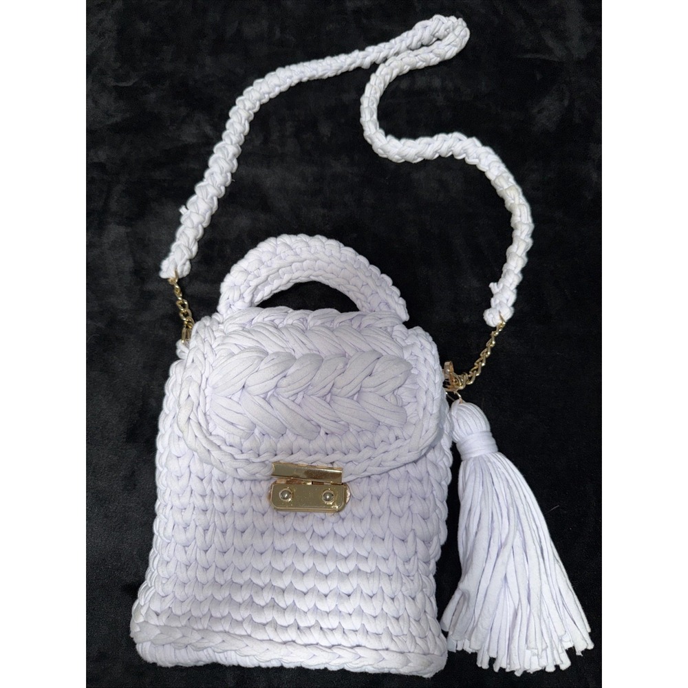 Handmade White Crochet Bag Crossbody With Big Tassel Festival Hippie Boho